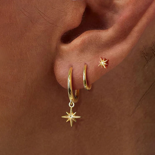 3 Piece Fashion Stainless Steel Round Star Drop Earrings