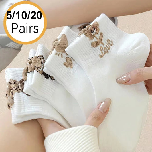 5/10/20 Pairs Cartoon Teddy Bear Patterned Ankle Socks