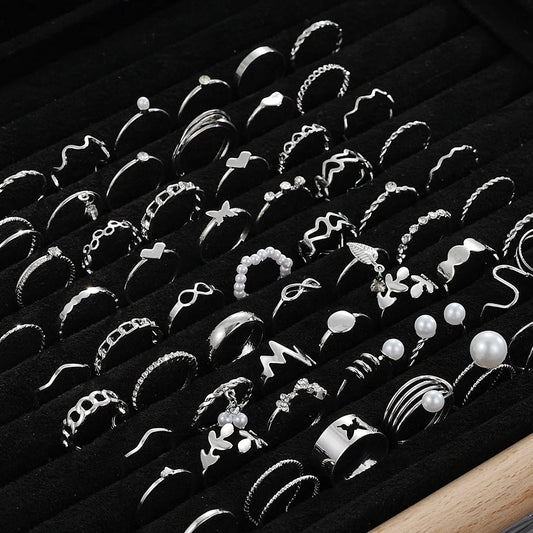 64 Pcs Silver Heart Cross Leaf Pearl Finger Ring