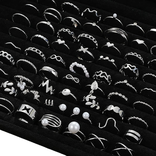 64 Pcs Silver Heart Cross Leaf Pearl Finger Ring